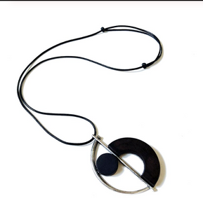Antique Silver Plated & Sandalwood Half Moon Shape Necklace