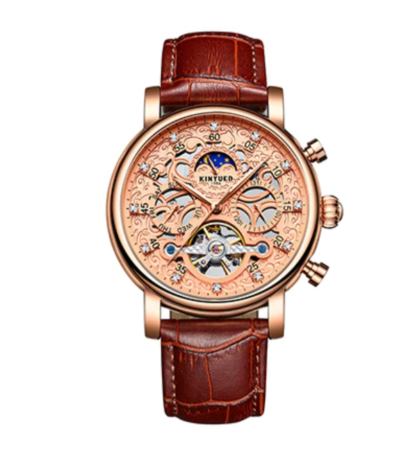 Mechanical Rose Gold Crystal Face & Dial Brown Leather Wristwatch