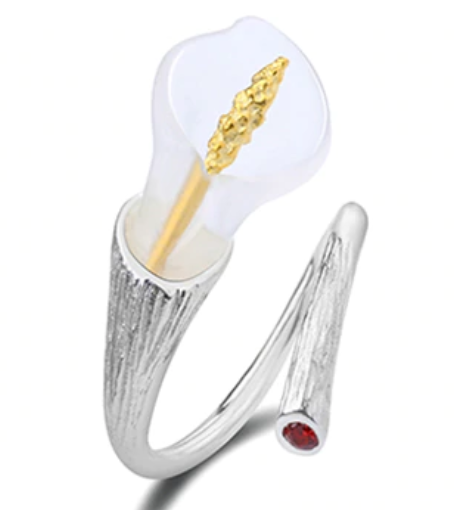 Sterling Silver Crystal Calla Lily Red CZ Adjustable Ring