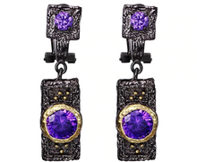 Load image into Gallery viewer, Black Gun Plated Copper Amethyst CZ Latch Back Earrings
