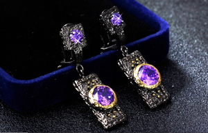 Black Gun Plated Copper Amethyst CZ Latch Back Earrings