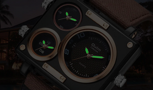 Fashion Sport Square Case Triple Black Faces Brown Band Watch
