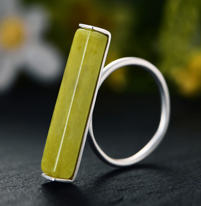 Handmade Sterling Silver Green Serpentine Gemstone Ring - Adjustable