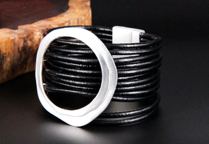 Leather Multi Strand Wrap Matte Silver Ctr. Magnetic Closure Bracelet