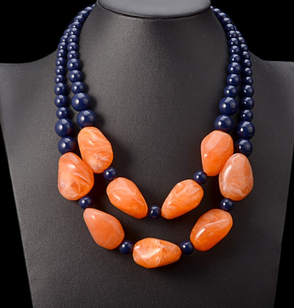2 Strand Marbled Resin Stones with Navy Blue Beads Claw Clasp